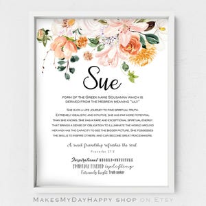 Sue name meaning,orange peonies,blush floral poster,Baby shower gift,Greek name origin,spiritual gift,flowers lovers,Best friend present