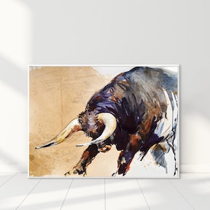 Pintura de acuarela de toro, póster de animales de granja de Texas, decoración de pared taurina, dibujo de toros, arte de pared imprimible más vendido, vaquero occidental, arena