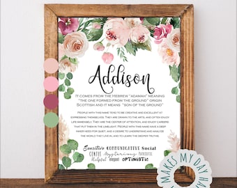 Personalized name meaning decor,Sign Name wall art,Addison name,Custom Printable Meaning of Name,Adult Birthday gift,Best friend present