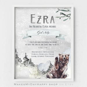 Ezra Name Meaning,Biblical meaning,Forest nature art,beer waving poster,Watercolor wood,snowy forest,Christmas present,winter decor