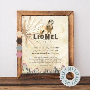 Lionel Personalized Name meaning,Custom Printable Meaning of Name Leon,Watercolor desert Lion kids room decor, African theme Name wall art