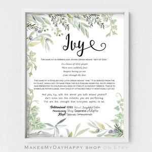 Ivy Name Meaning,First name origin,Hebrew name meaning,pastel green kids room art,spring leaves decoration,nature lovers,olive trees decor