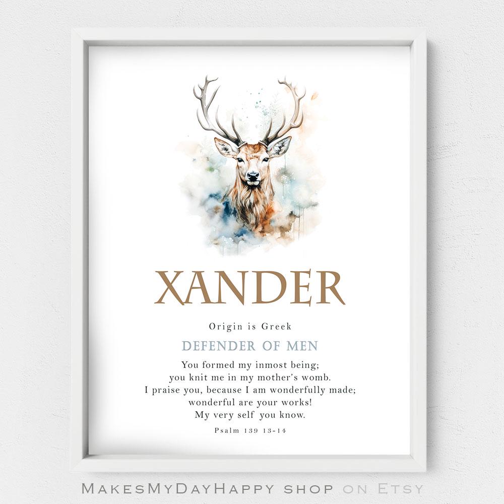 Xander Name Meaning,First name wall art,Greek name meaning,Deer nursery art,Christmas gift,Forest creature art,psalm 139,adult present
