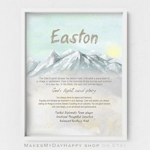 Easton name meaning,Personalized gift,First name sign,mountain sunrise,mountain sunset,Biblical meaning,snowy mountains,kids room wall art