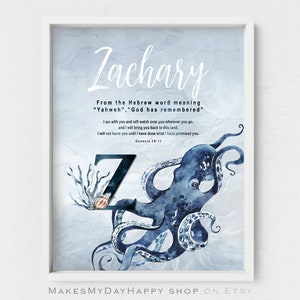 Zachary name meaning,octopus kids room,marine creatures,Watercolor Ocean Life,Sea Animals,Personalized first name,Given name nursery,polyp