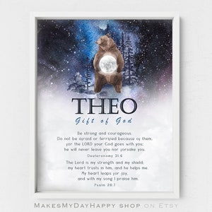 Theo Name Meaning,Psalm 28,Spiritual nursery,Biblical meaning,Bear nursery art,Night sky stars,Full moon kids room decor,name references