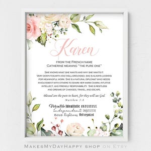 Karen name meaning,pink roses,symbolizes pureness,Best friend gift,romantic art,white flowers lovers,blush floral poster,Matthew 5,8 image 1