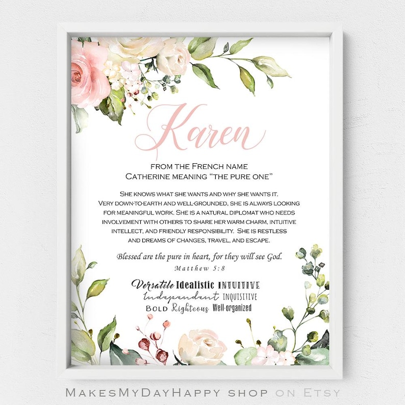 Karen name meaning,pink roses,symbolizes pureness,Best friend gift,romantic art,white flowers lovers,blush floral poster,Matthew 5,8 image 1