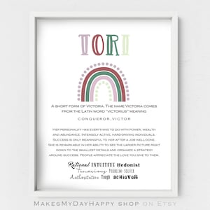 Tori name origin wall art,Personalized gift,Name meaning,Watercolor Rainbow kids room decor,baby shower,pastel colors,name traits,printable