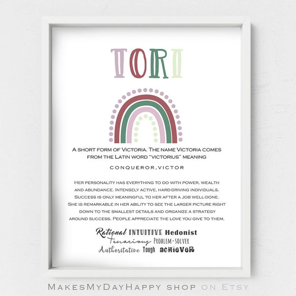 Tori name origin wall art,Personalized gift,Name meaning,Watercolor Rainbow kids room decor,baby shower,pastel colors,name traits,printable