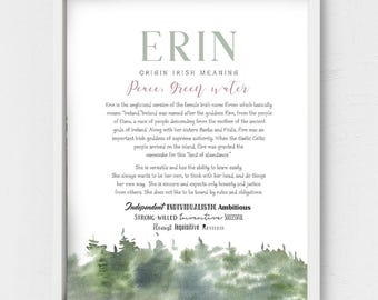 Erin name wall art,Irish Name Meaning,Evergreen forest,foggy room decor,green color background,gentle green girl's poster,Christmas gift