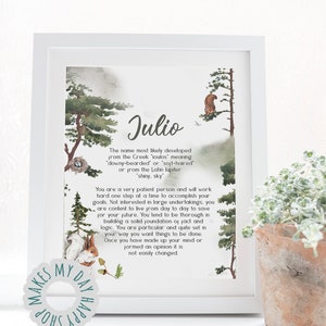 May include: A printable art print with a watercolor illustration of a forest scene. The print features the name "Julio" and a description of the name's meaning and personality traits.