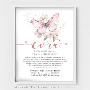 May include: A printable art print featuring a pink butterfly and pink flowers. The print displays the name "Cora" and the text "Greek Origin Meaning" and "Maiden: Daughter". The print also includes a list of positive personality traits associated with the name Cora.