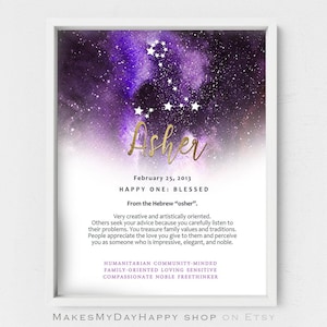 Purple sky wall art,Asher name meaning,Zodiac sign,Constellation Star map,Custom First name,downloadable nursery gift,Personalized gift