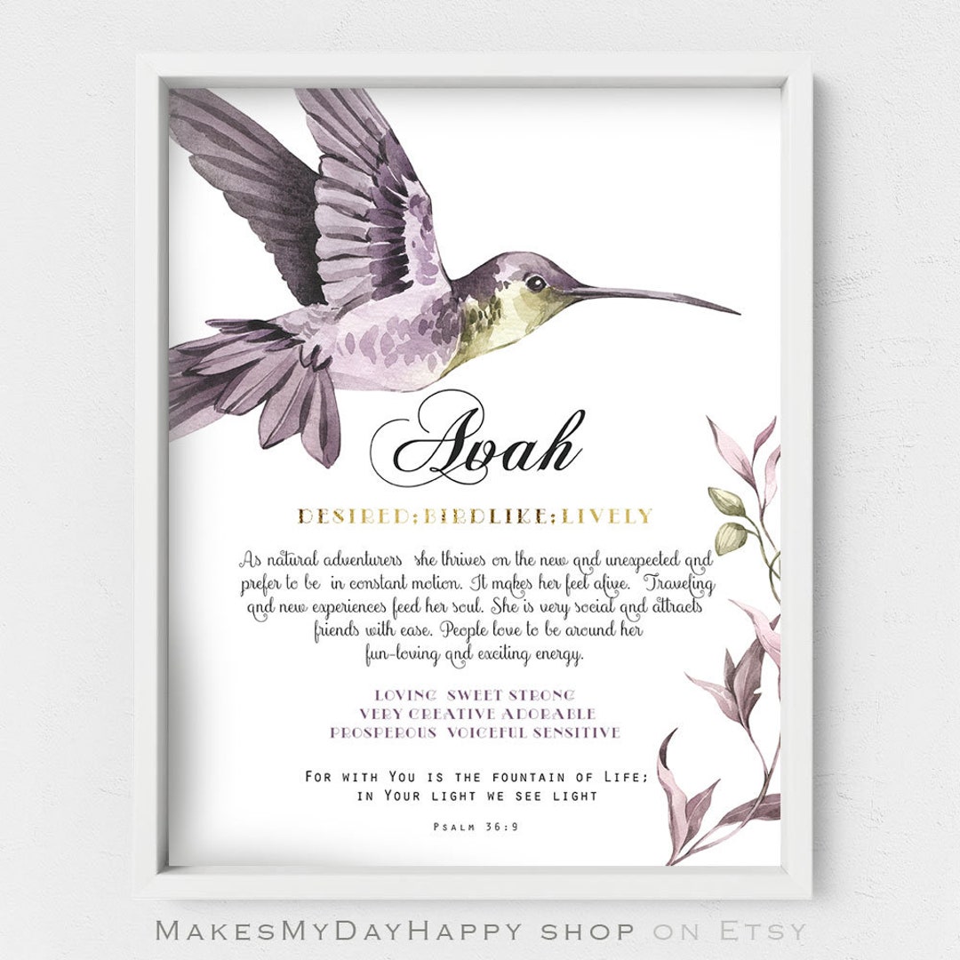 Avah Name Meaning,little Hummingbird,psalm 36:9,purple Floral Art ...