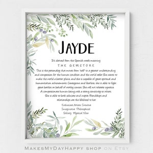 Personalized name meaning decor,Sign Name wall art,Jayde name,Custom Printable Meaning of Name,Adult Birthday gift,Best friend present