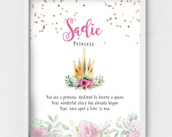 Sadie name wall art,Name sign,newborn name meaning,First name kids room poster,Personalized gift,Pink purple floral,Last minute gift,crown