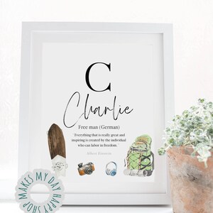 May include: A framed print with the name "Charlie" in cursive, featuring a large "C" and illustrations of a skateboard, camera, headphones, and backpack. The quote by Albert Einstein is also included. A "Makes My Day Shop" sticker is in the lower left corner.
