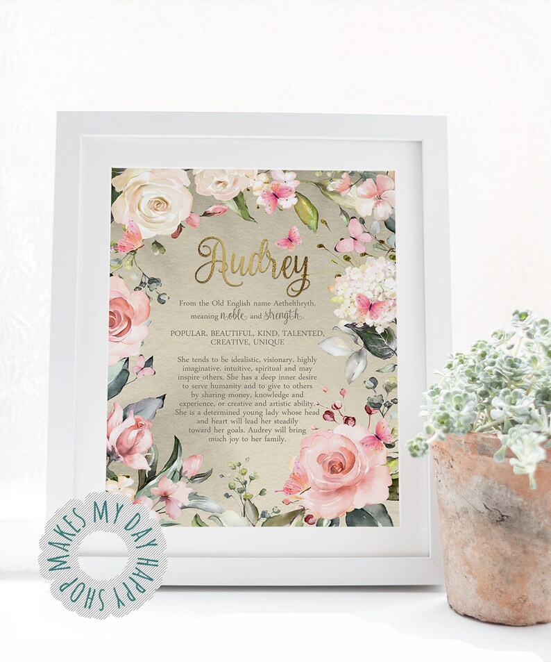 Custom Name meaning printable Art with blush pink butterflies illustration,Audrey name meaning birthday gift,Personalized girls room poster image 2