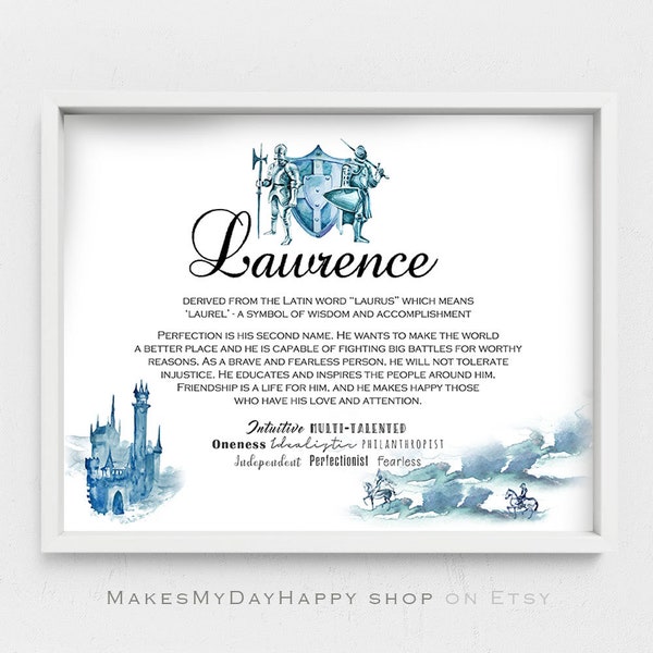 Lawrence name meaning,A fairytale boy's room,Printable Custom first name,Prince Knight warrior conqueror kids room wall art,shield sword