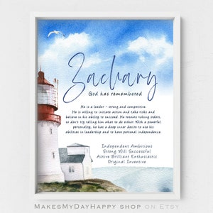 Origin of names,Zachary name wall art,Personalized gift,Custom Name meaning,watercolor lighthouse,the open sea,Nautical nursery,Ocean themed