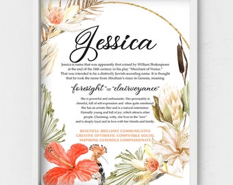 Jessica name meaning,African Floral,Sign Name wall art,Custom first name,Blush flower,girl room decor,Personalized gift,Best friend Birthday