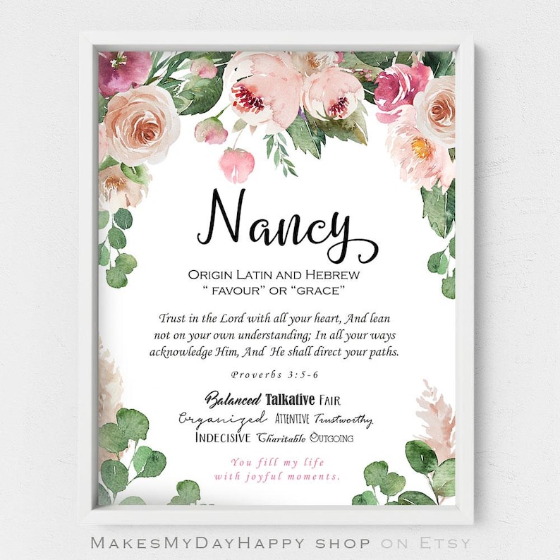 May include: A printable floral design with the name "Nancy" at the top. The design includes the origin of the name, a bible verse, and personality traits. The background is white with pink and green watercolor flowers.