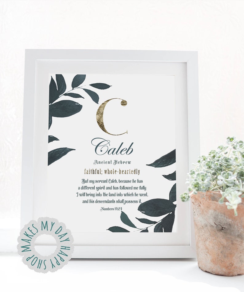 May include: A framed print featuring the name "Caleb" in elegant script, with a gold-colored initial "C". The print includes the definition "faithful; whole-heartedly" and botanical accents in dark teal. The frame is white.