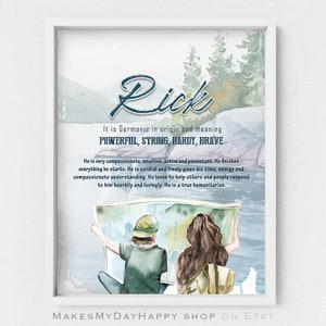 Custom first name meaning,Rick given name meaning,Personalized gift,Watercolor evergreen forest,Lake landscape,Nomads adventure,Travel map
