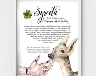 Personalized Name meaning, Syreeta name wall art,Custom Name origin,Indian names,fawn doe kids room decor,teenager birthday,4leaf clover
