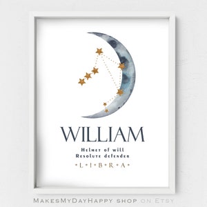 Personalized gift,Name meaning,Zodiac sign,Constellation Star map,William Printable Meaning of Name,Custom Night sky print,Name wall art
