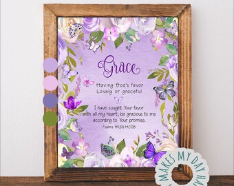 Custom Name meaning printable wall Art with purple butterflies illustration,Grace name meaning birthday gift,Personalized girls room poster