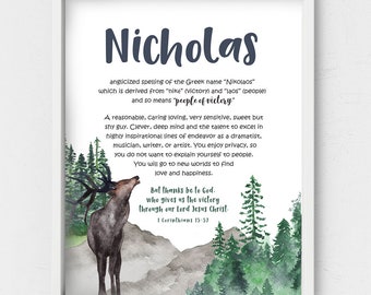 Nicholas name origin,Personalized wall art,Custom Name meaning,Watercolor forest animal,Greek names,1 Corinthians 15,Christian nursery gift