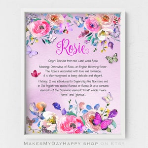 Rosie name meaning,Watercolor pink nursery floral decor,Floral name,Custom first Name,Personalized given Name,Butterfly nursery wall art