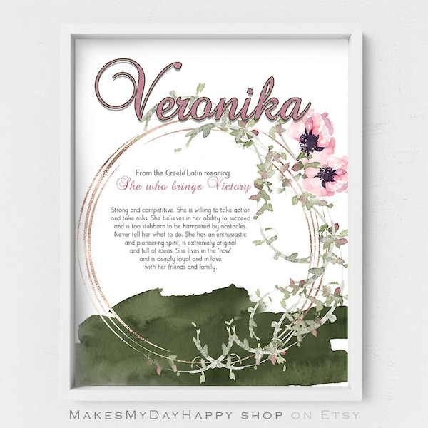 Veronika name meaning,Name traits,Custom Name wall art,Personalized gift,watercolor red poppies,Sign Name nursery,first Name,digital gift