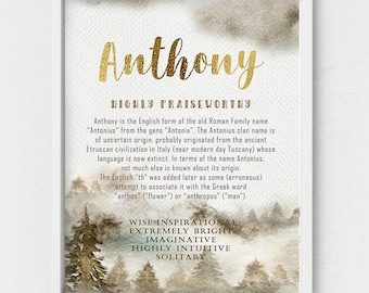 Anthony name meaning,toddler birthday gift,foggy mountain landscape,golden name written,praiseworthy symbol,Last minute gift,forest decor