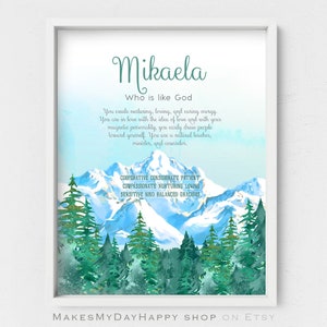 Mikaela name meaning printable poster,Spiritual meaning,Custom first name art,snowy mountains landscape nursery,evergreen trees,blue sky
