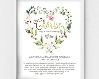 Charise name meaning,blush floral nursery,Floral heart wall art,Custom name origin,Personalized gift,First Name sign,Last minute baby shower