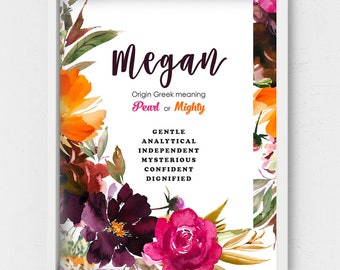 Megan name meaning,Purple pink floral print,Personalized Name sign,Holiday season gift idea,Name origin Wall art,Name traits,Mom's birthday