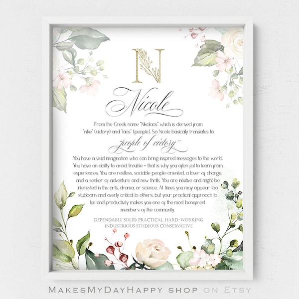 Nicole Custom name meaning,Floral first name,Floral nursery art,Given Name wall Art,girl Name sign baby shower gift,,Personalized name