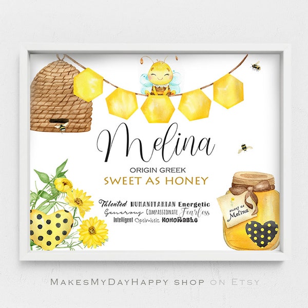 Melina Personalized Name meaning,bees hives honeycombs,Nursery honey wall art,Custom Sign Name,Yellow girls room decor,1st birth gift