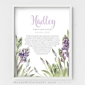 Hadley Custom name meaning,Purple Wild field flowers,First Name Personalized wall Art,Heather field,baby shower gift,nursery room decor
