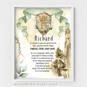 Richard custom name meaning,knight,chevalier,First name wall,Personalized gift for boy,feather sign,coat of arms,shield,typographic wall art