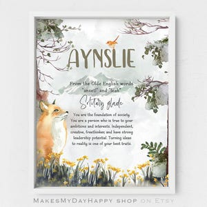 Ainsley Name Meaning,cute fox in wood,Forest nature art,English name meaning,floral forest poster,snowy mountain decor,little bird nursery
