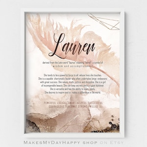 Lauren name,meaning of name,Personalized gift,Custom name meaning printable art,First Name,baby name meaning sign,blush rosegold,Name traits