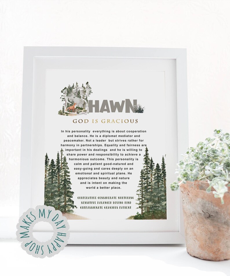 May include: White framed art print with the name "HAWN" and the phrase "GOD IS GRACIOUS" in a decorative font. The print includes a forest scene and descriptive text about the name's personality traits. A small plant in a terracotta pot is in the foreground.