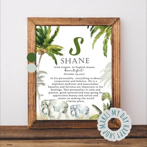 Shane Name meaning,Custom Name wall art,Safari kids room decor,Personalized Name,Tropical nursery,Watercolor Elephant,Bible name meaning