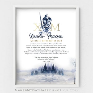 May include: A watercolor illustration of a knight in blue armor holding a sword, with the letters "XM" in gold above him. The text below reads "Xander Macsen Greatest defender of men" and includes the meaning of the names Xander and Macsen. The quote "One does not need the size of a dragon to have the soul of a dragon." by Robin Hobb is at the bottom.