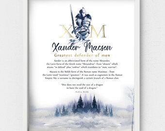 Xander name meaning,Macsen Name wall art,fairytale boy's room,Knight warrior,conqueror kids room,armor shield sword,toddler birthday gift
