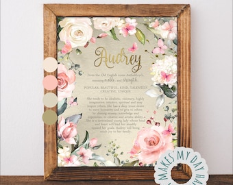 Custom Name meaning printable Art with blush pink butterflies illustration,Audrey name meaning birthday gift,Personalized girls room poster